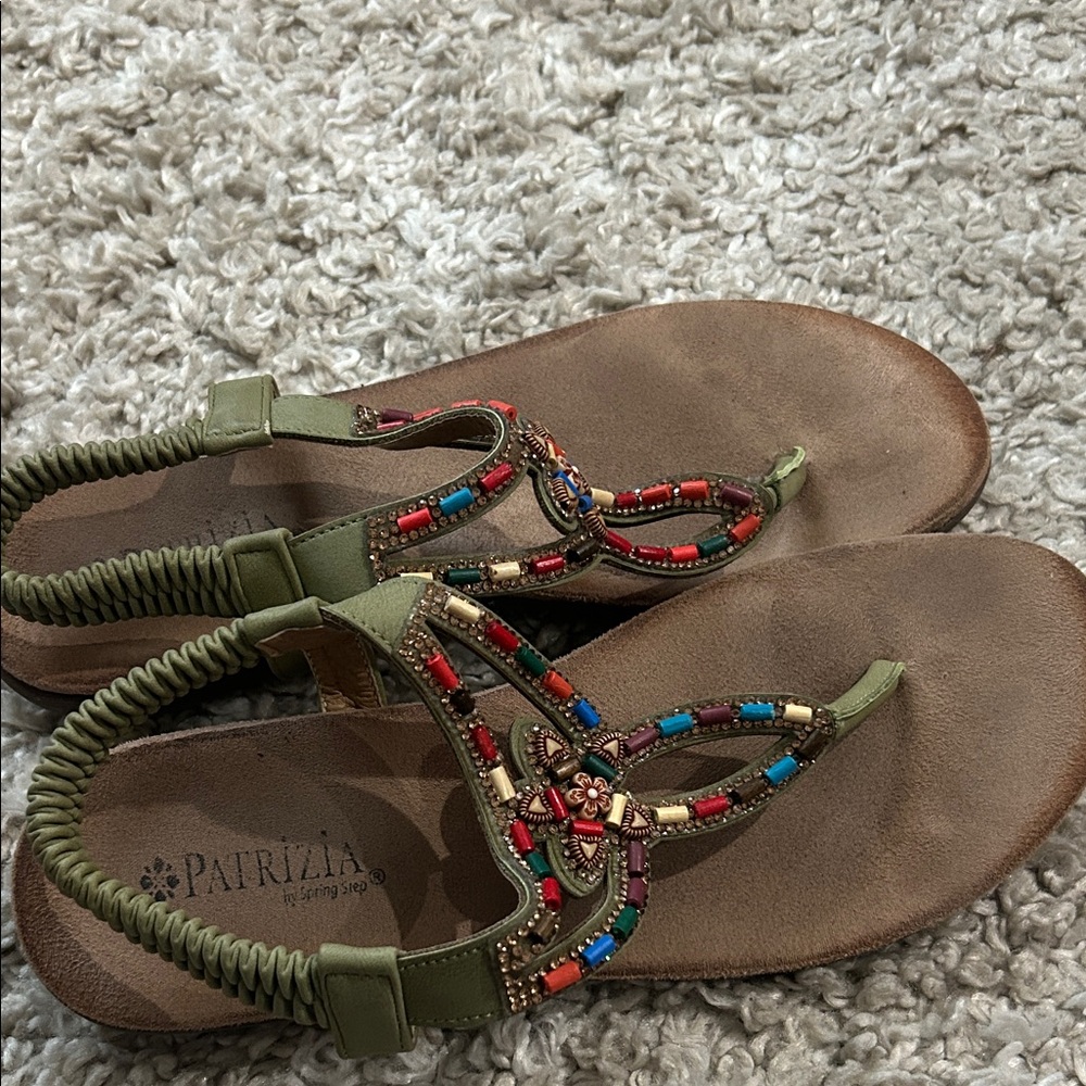 Olive Beaded T-Strap Sandals
